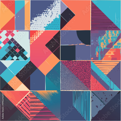 Abstrakcyjny wzór geometryczny z kwadratów, trójkątów i tekstur w żywych kolorach, tło cyfrowe.