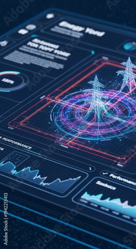Futuristic digital interface displays complex energy grid management, optimized by advanced artificial intelligence for global power efficiency, intelligence, renewable energy, solution