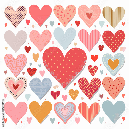 Colección de corazones decorativos con patrones y texturas variadas sobre fondo blanco, ideales para San Valentín.