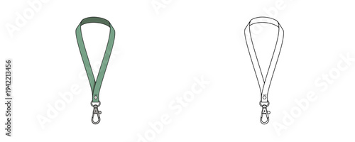 Cartoon lanyard neck strap illustration in flat colored and linear styles with green fabric and metallic clip used for office identity badge holder isolated on white background