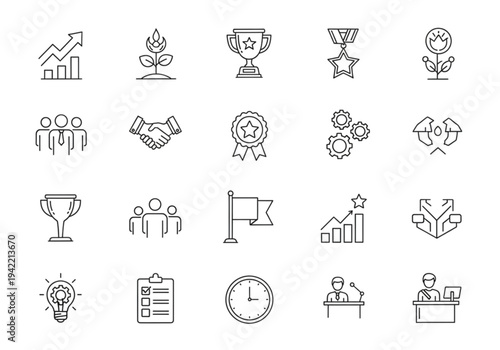 Business performance and achievement icon set, thin line style for growth, success, and corporate productivity concepts