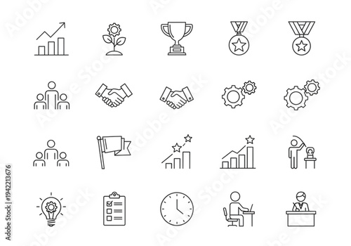 Business performance and achievement icon set, thin line style for growth, success, and corporate productivity concepts
