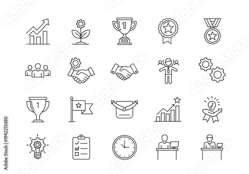 Business performance and achievement icon set, thin line style for growth, success, and corporate productivity concepts