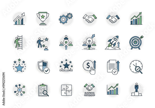 Business performance and achievement icon set, thin line style for growth, success, and corporate productivity concepts
