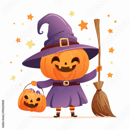 Adorable calabaza de Halloween con sombrero de bruja, escoba y cesta de dulces sobre fondo blanco.