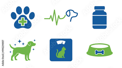 Pet Veterinary Health Icons Collage Showcases Animal Care. Vector Illustrations. EPS Editable