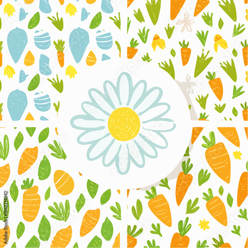 Wesoły, ręcznie rysowany wzór wielkanocny z marchewkami, listkami i stokrotką na jasnym tle.