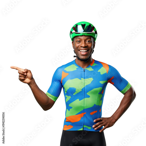 Energetic African American Male Cycling Coach in Professional Gear Pointing to Side Copy Space on transparent background