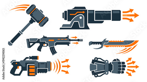 Stylized Military Weapon Set Illustrations With Rifles Pistol And Blaster Icons. Vector Illustrations. EPS Editable
