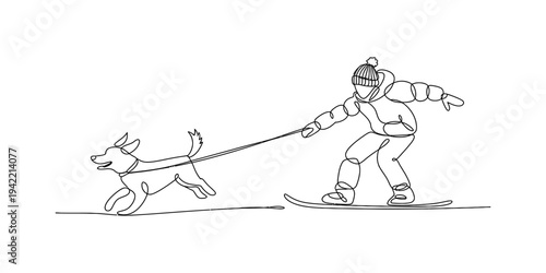 Minimalist illustration of a person on skis being pulled forward by a happy dog on a leash. Vector, illustration