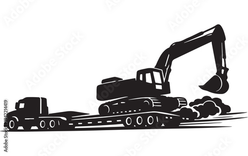 Excavator on Truck Silhouette Illustration