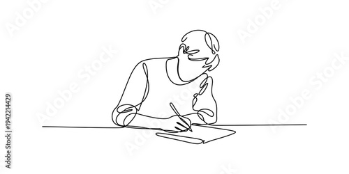 Single continuous line drawing of a person sitting at a desk and writing on paper Vector, illustration