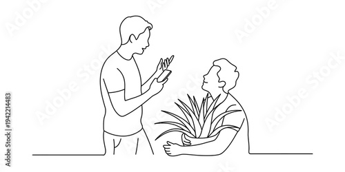 Wallpaper Mural Continuous line drawing of two men talking while one holds a potted plant and the other a phone Vector, illustration Torontodigital.ca