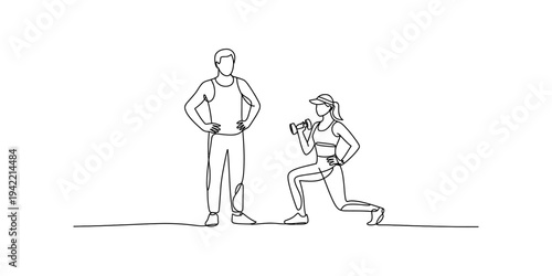 A man and a woman are exercising together in this simple line drawing illustration. Vector, illustration