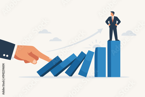Conceptual Vector of a Giant Hand Pushing Bar Chart Blocks Like Dominoes with a Confident Businessman Standing on the Tallest Column Representing Leadership, Growth, Strategy, and Risk Management.