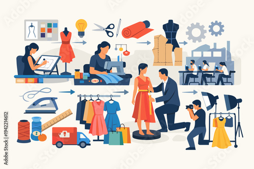 Comprehensive fashion design and dressmaking industry infographic featuring the creative process from sketching and sewing to factory manufacturing, fitting, shipping, and apparel photography.