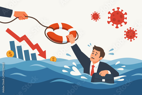 Vector illustration of a businessman drowning in water being rescued with a lifebuoy during the coronavirus economic crisis, featuring a stock market crash graph and red COVID-19 virus cells.