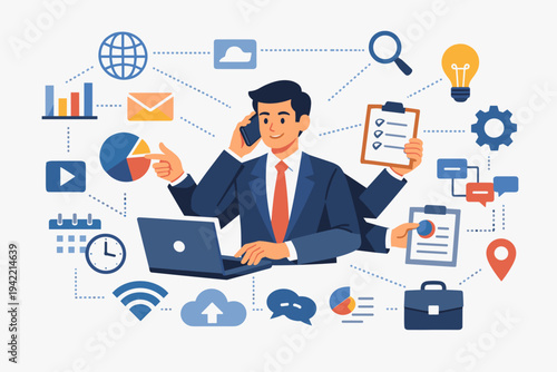 Multitasking Businessman with Multiple Arms Managing Various Tasks, Using Laptop, Talking on Phone, and Analyzing Data Charts Surrounded by Business and Technology Icons in Flat Vector Style.
