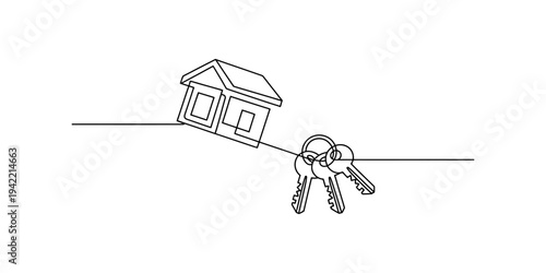 Continuous line drawing of a small house and a set of keys representing home ownership. Vector, illustration