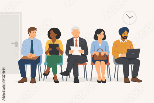 Diverse group of professional candidates sitting in a row waiting for a job interview in an office. Men and women of different ethnicities holding resumes and laptops for recruitment process.