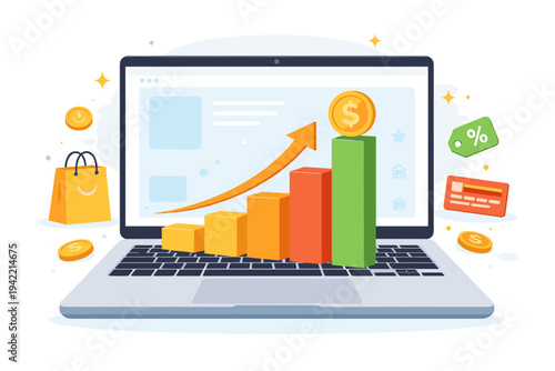 Vector illustration of a growing bar chart on a laptop keyboard symbolizing rising online sales and e-commerce success with shopping bag, credit card, and discount tag icons in a clean flat style.
