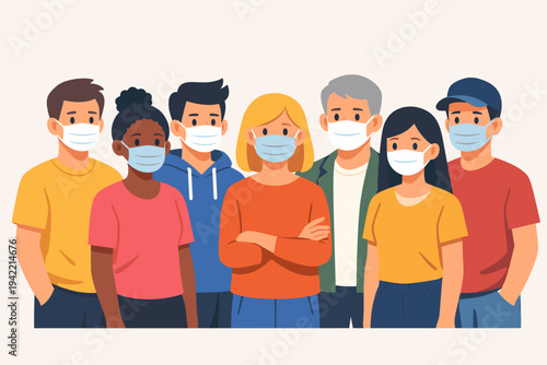 Flat Vector Illustration of a Diverse Group of Multiethnic People Wearing Medical Face Masks for Protection Against Virus and Flu, Standing Together for Community Health and Safety Awareness.