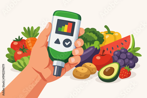 Hand Holding a Nitrate Tester Device for Food Safety and Quality Control with a Background of Fresh Organic Vegetables and Fruits, Healthy Eating and Nutrition Concept Flat Vector Illustration.