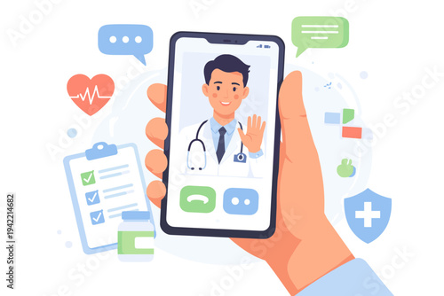 Hand holding a smartphone for a telemedicine video call with a friendly male doctor on the screen, featuring medical icons like a heart, clipboard, and medicine bottle for online healthcare app.