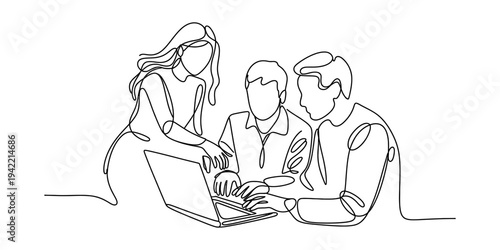 Continuous line drawing of a business team collaborating on a project using a laptop. Vector, illustration