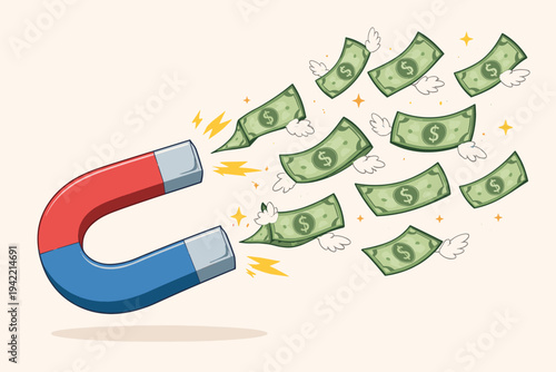 Flat Vector Illustration of a Red and Blue Horseshoe Magnet Attracting Flying Dollar Bills with Wings, Symbolizing Financial Success, Wealth Attraction, Business Profit, and Passive Income