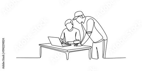 Continuous line drawing of two colleagues collaborating on a project using a laptop at a desk. Vector, illustration