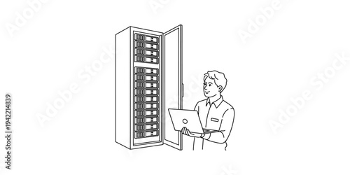 It professional performing maintenance on a network server rack using a laptop computer Vector, illustration