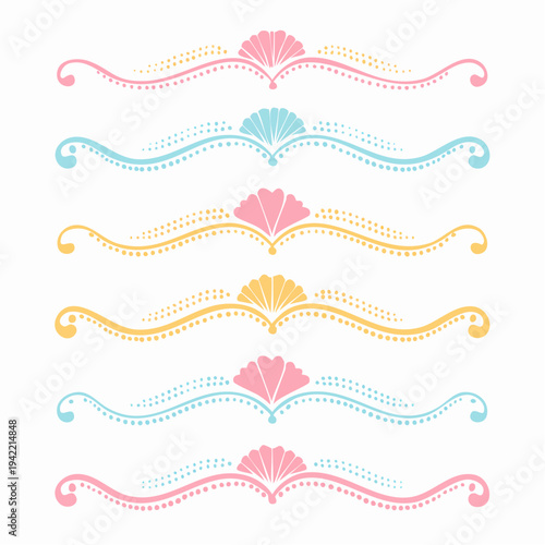 Conjunto de seis divisores ornamentales con motivos de concha marina en tonos pastel para diseño gráfico.