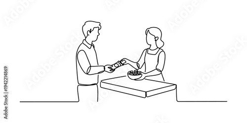 Continuous line drawing of a man paying a female shopkeeper at a service counter Vector, illustration