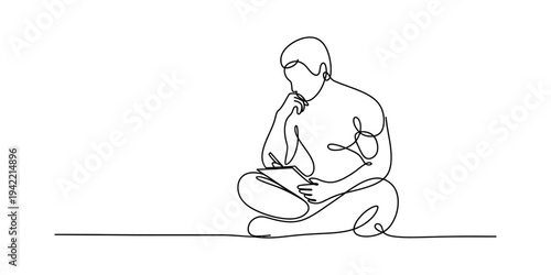 Continuous line drawing of a pensive man sitting on the floor and reading a book deeply Vector, illustration