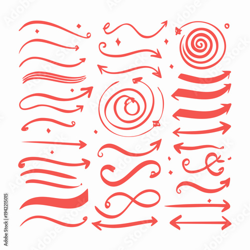 Conjunto de flechas rojas dibujadas a mano, trazos de subrayado y espirales sobre fondo transparente.