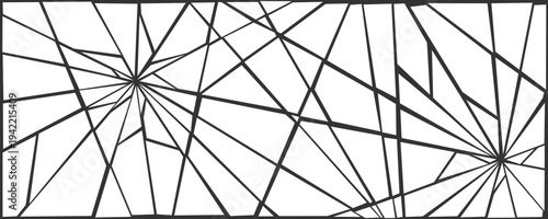 Damaged shattered glass effect background. Black and white grunge broken texture. Multiple cracked lines explosion pattern. Fractured triangle pieces, shatters, fragments, debris wallpaper. Vector