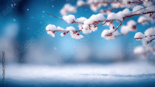 Spring snow ice thaw, end of Winter Season, hope, fresh start. A winter scene with a snowcovered branch adorned with delicate white blossoms against a vivid blue background.
