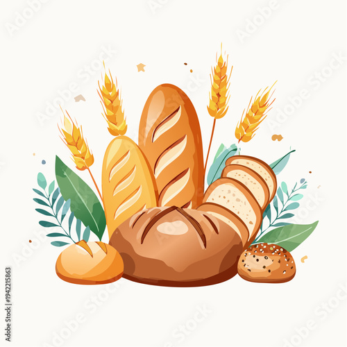 Variedad de panes artesanales y espigas de trigo con hojas verdes sobre fondo transparente.