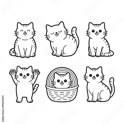 Charming cartoon cats in various poses and a woven basket illustration
