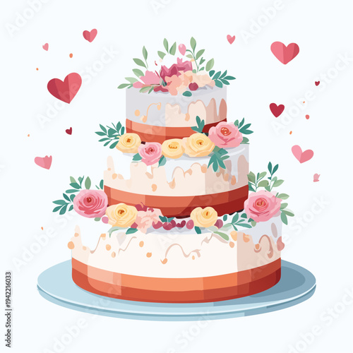 Pastel de bodas de tres pisos decorado con flores rosas, amarillas y corazones flotantes sobre fondo blanco.