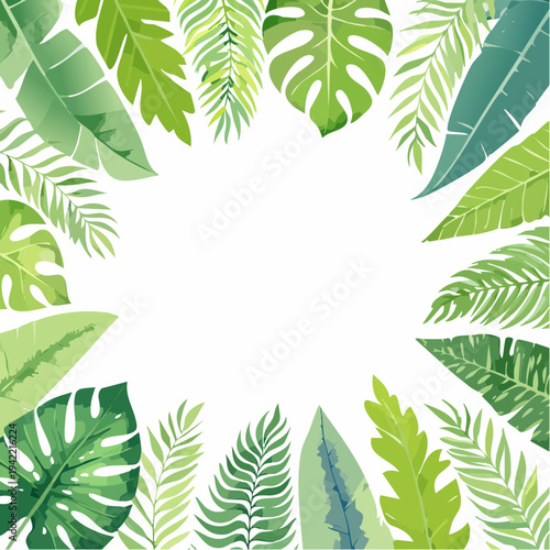 Zielona akwarelowa rama z tropikalnymi liśćmi monstery, paproci i bananowca na białym tle.