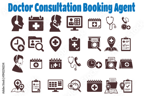 Doctor Appointment Booking Icons Set For Medical Consultation Service.
