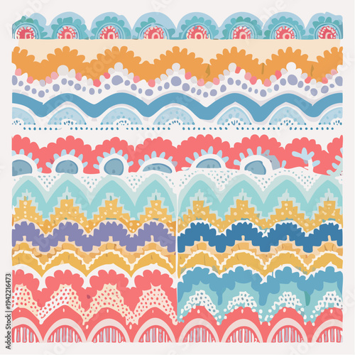Kolorowe, ręcznie rysowane, etniczne wzory graniczne i faliste ornamenty w pastelowych barwach.