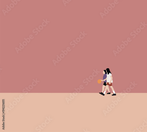 Young girl walking on street with basketball. Sports and recreation active lifestyle.
