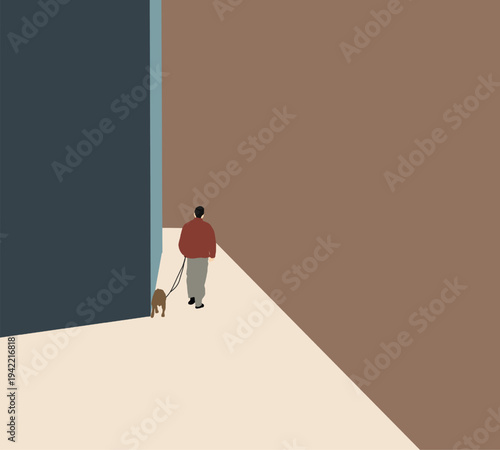 Man walking with dog on city modern street. Healthy men lifestyle. Pet lover concept.