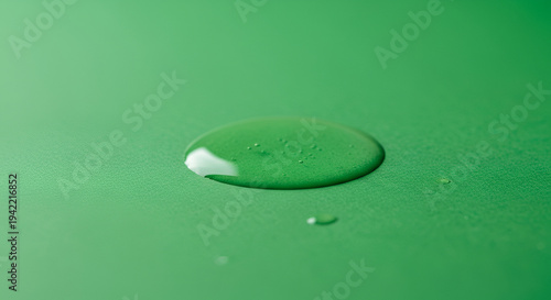 Close up of a single clear water droplet resting on a textured green surface with soft lighting and subtle reflections creating a serene minimalist