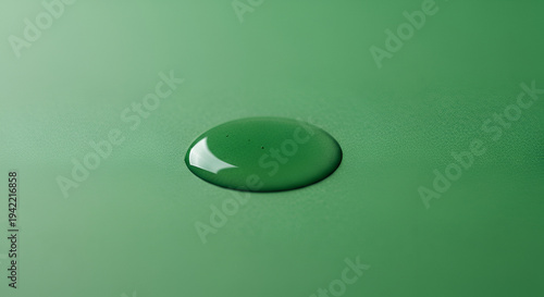 Close up of a single glossy green liquid drop on a textured matte green surface with light reflecting on its surface and a fine spray of particles to