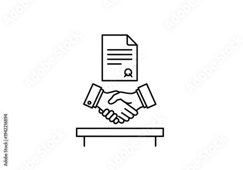 Handshake over table with contract document icon, outline style for business agreement and legal deal concepts