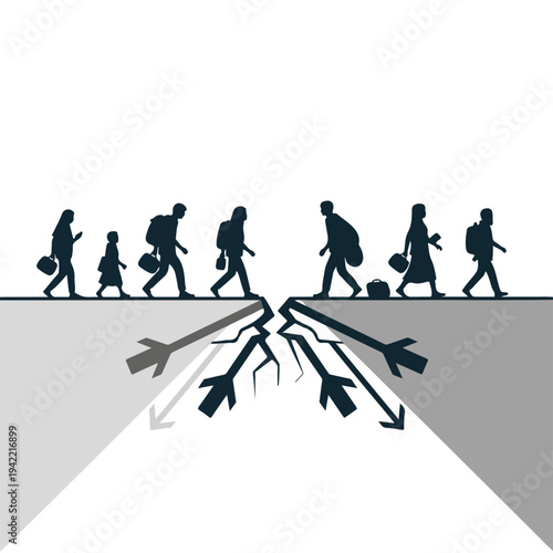 A group of people walking on a line with divided paths below them, symbolizing choices in a stop war concept